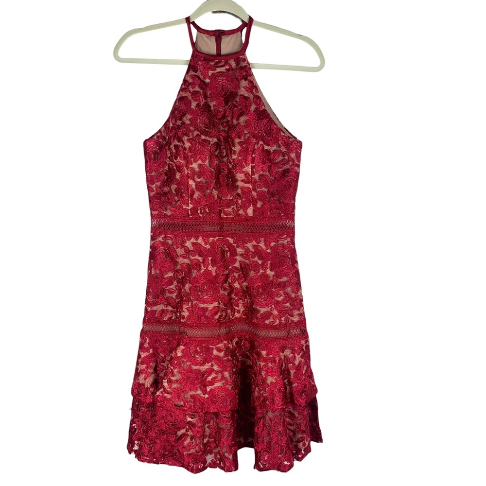 Xscape Red Lace High Halter Dress Sz 4